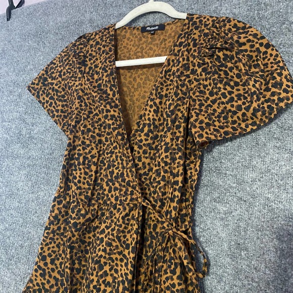 Madewell Wrap Dress XXS Leopard Print Brown Flutter Short Sleeve Mini - Picture 6 of 13